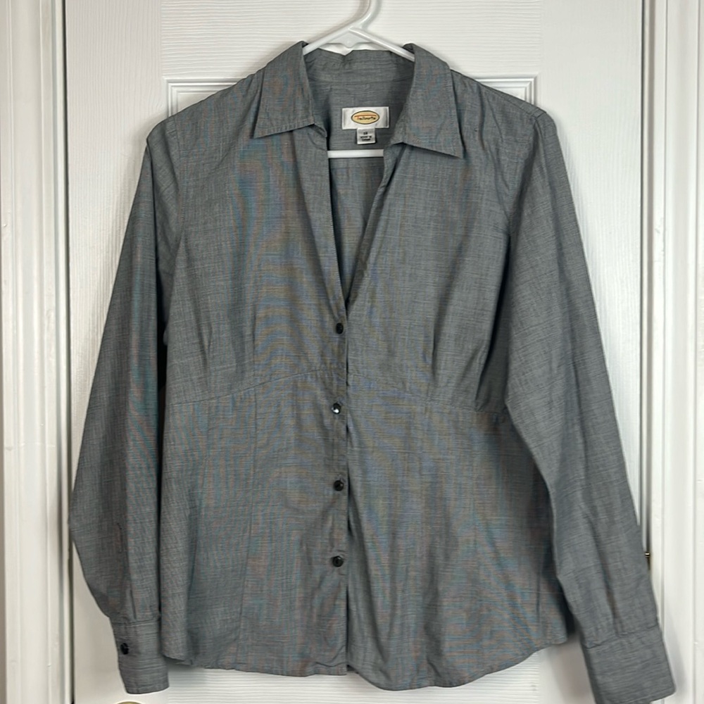Talbots grey long sleeved button down top size 12. Has deep V neckline. Cotton